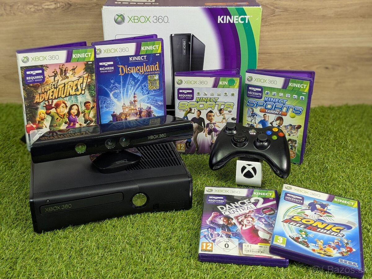 Xbox 360 Slim/E, 1 ovládač, kinect, 6 pohybových hier