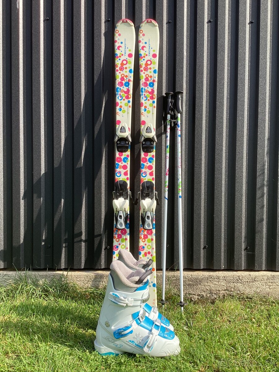 Lyže 140cm + lyžiarky + palice 110cm