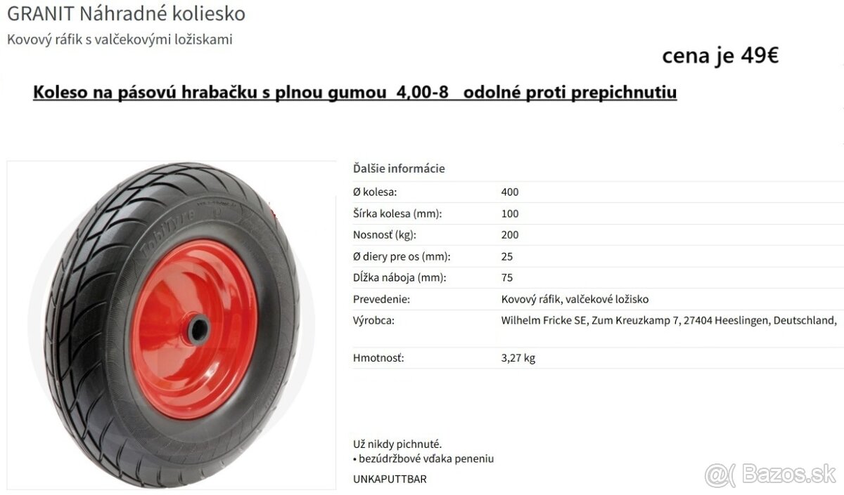 Koleso na pásovú hrabačku s plnou gumou 4,00-8 s plnou gumou