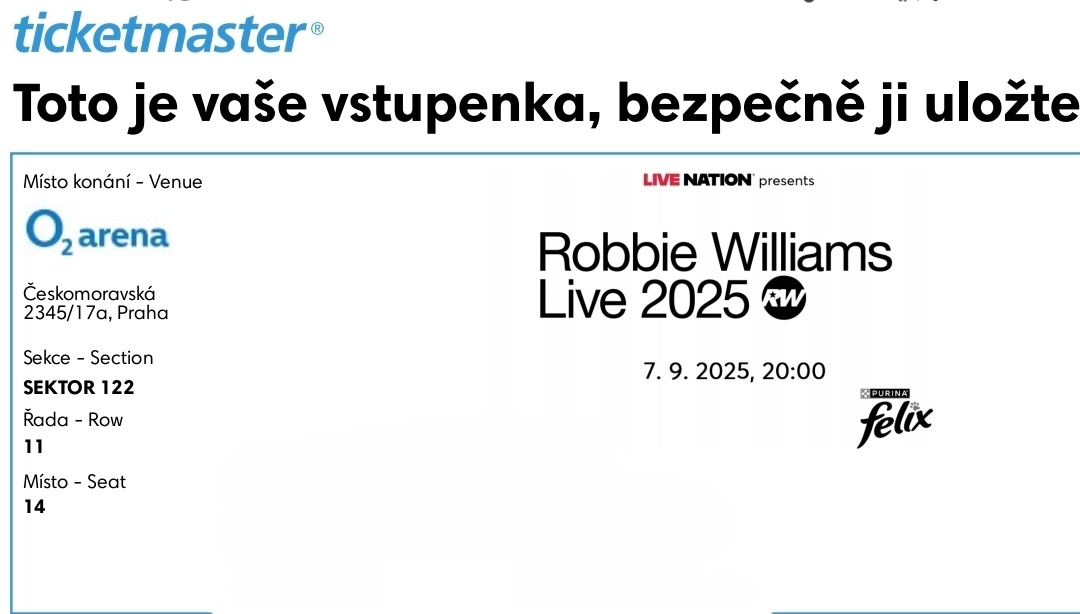 Robbie Williams O2 Arena Praha 2ks sedenie