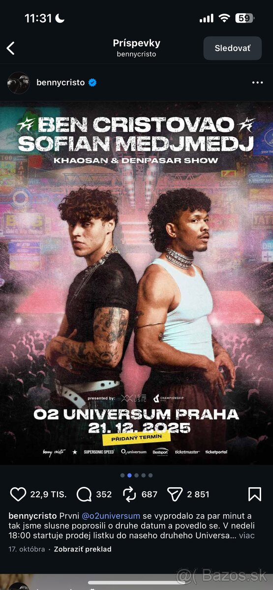 2 VSTUPENKY NA KONCERT BEN CRISTOVAO A SOFIAN MEDJMEDJ