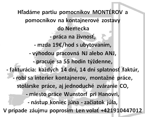 Hľadáme pomocníkov MONTÉROV do Nemecka