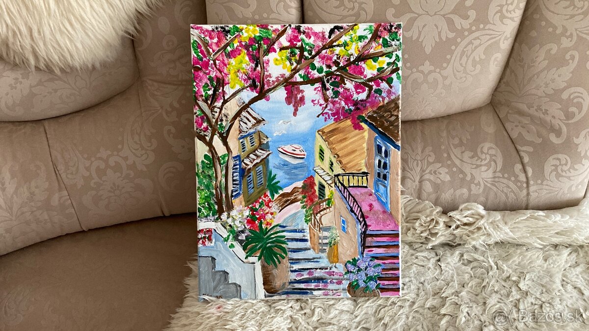 Letná ulička pri mori. originálny ručne maľovaný obraz 30x40