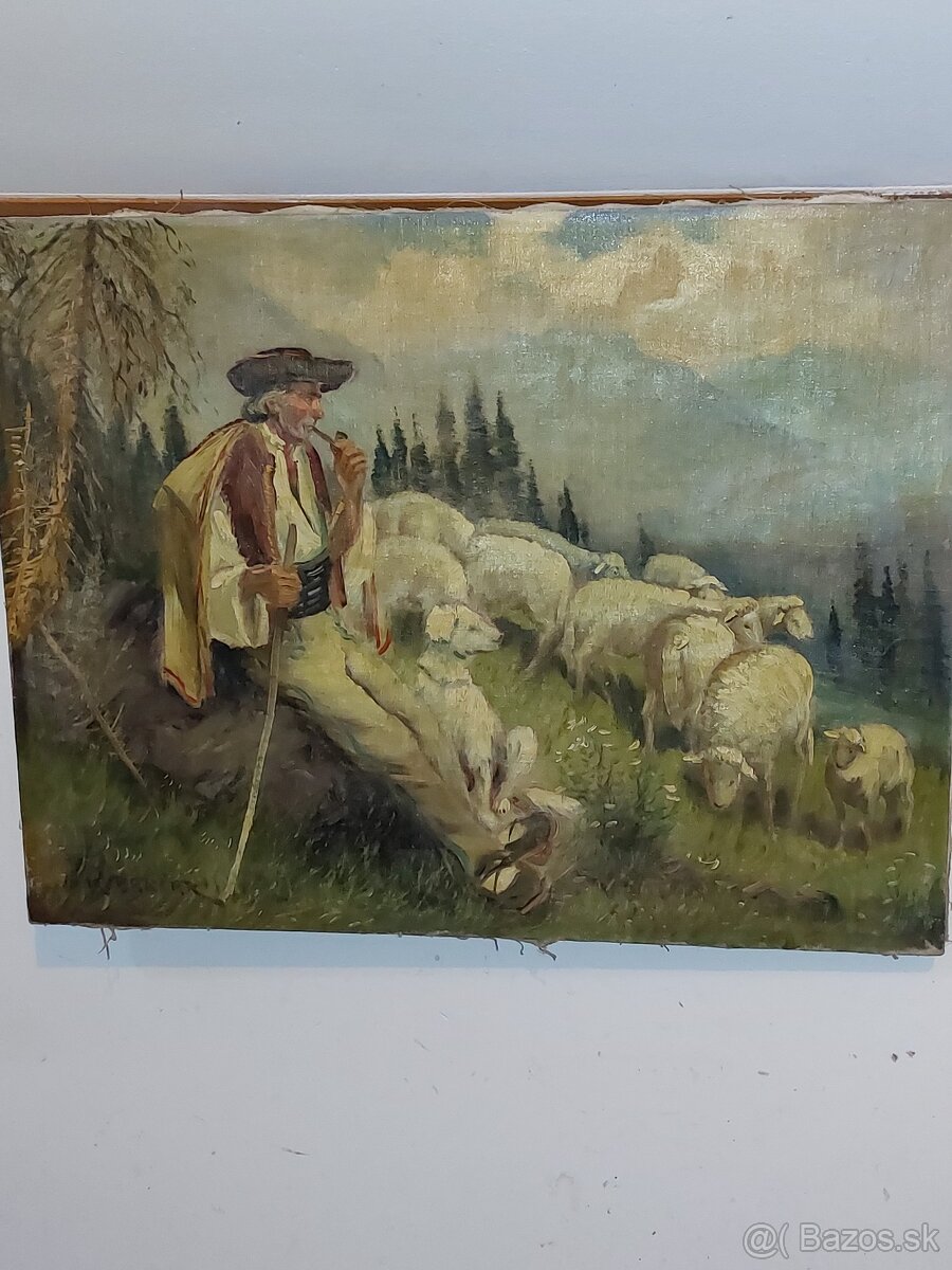 Obraz.olejomalba.bača z ovcami.K.Barčák