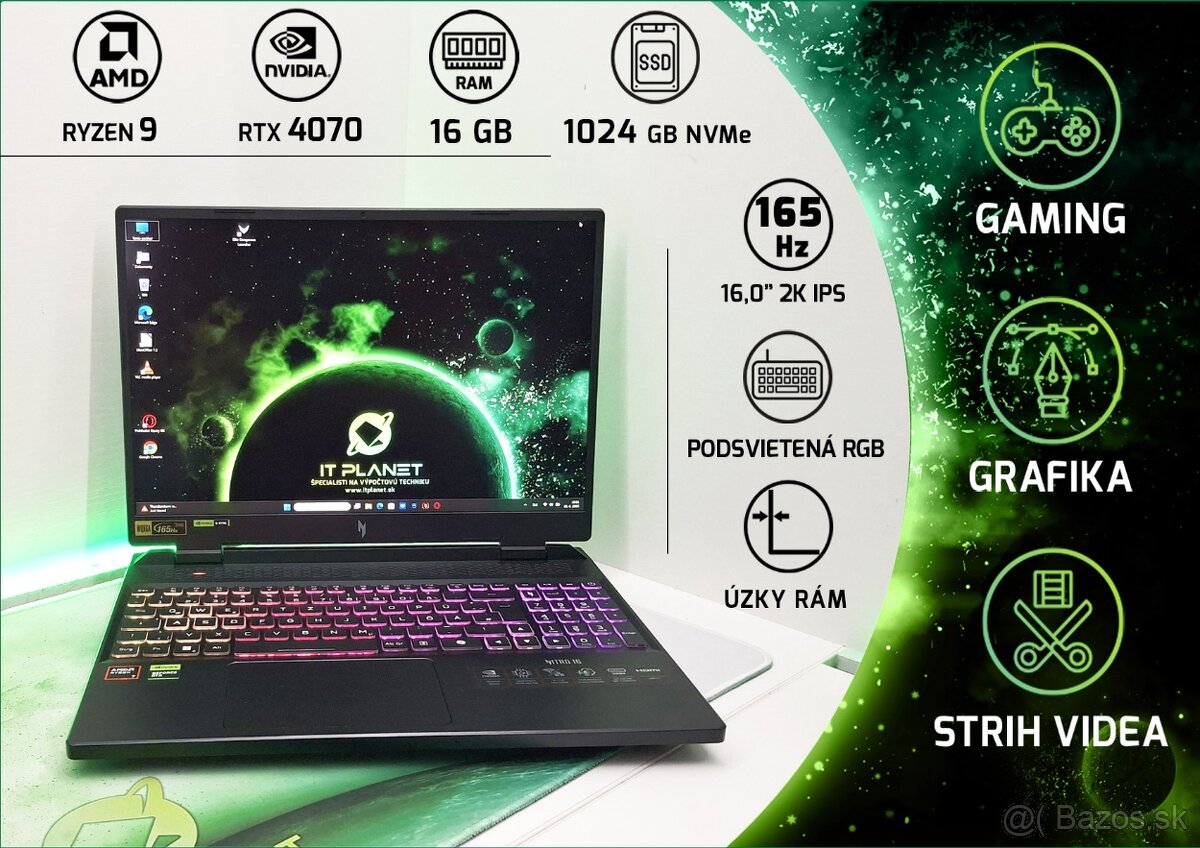 🎮 16,0“ 2K 165Hz IPS Acer®Nitro Ryzen9/RTX4070/1TB/16GB