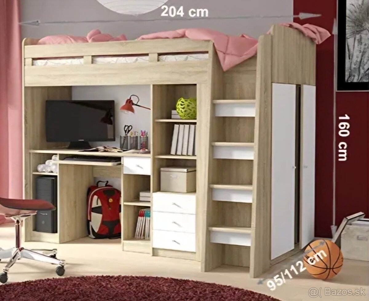 Poschodová posteľ s matracom + stolík a vstavaná skriňa