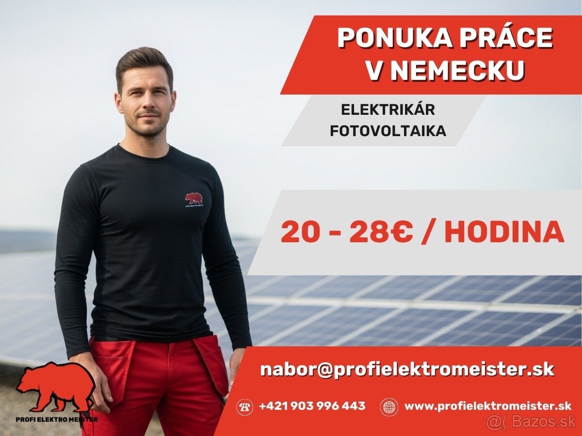 Elektrikár na fotovoltaiku – Nemecko, 20–28 €/hod, živnosť