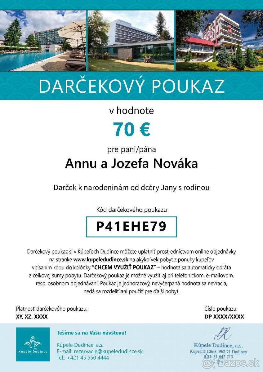 Darčekový poukaz Kúpele Dudince