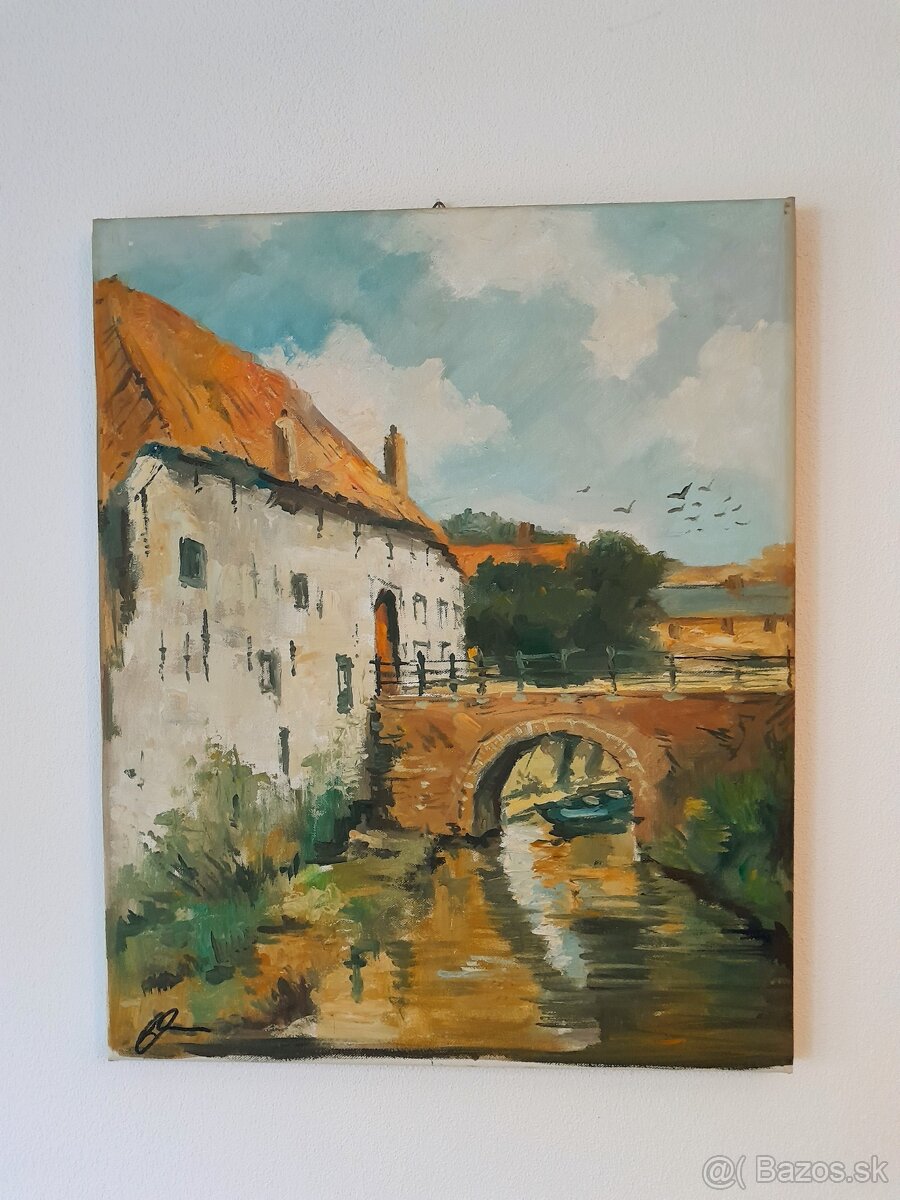 Obraz olejomaľba - Vidiecky dom s mostom - rieka