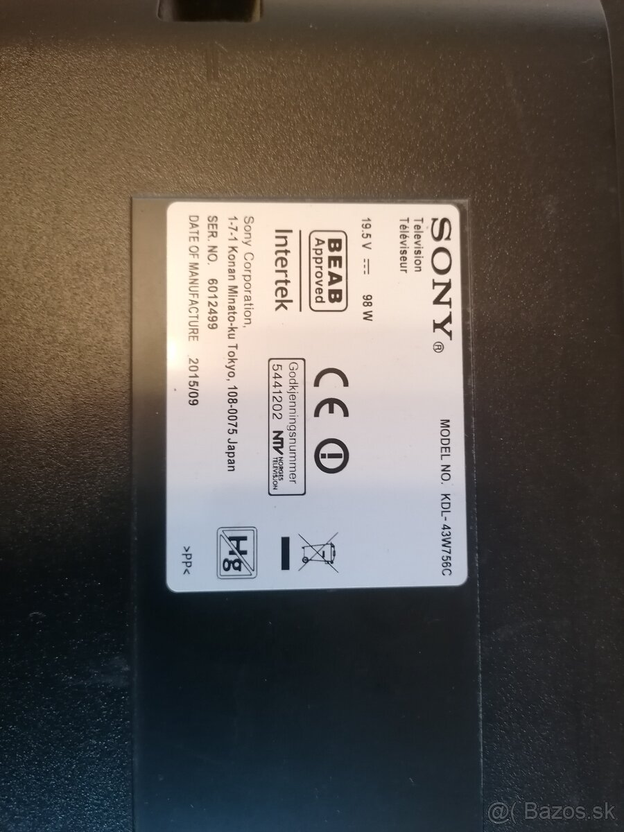 Predám Sony bravia KDL 43W756C, 108 cm.