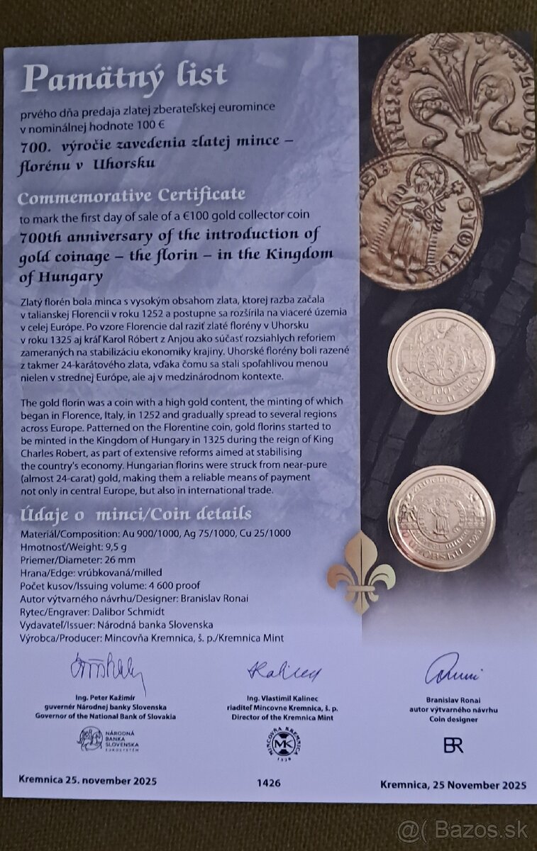 Pamätný list k 100€