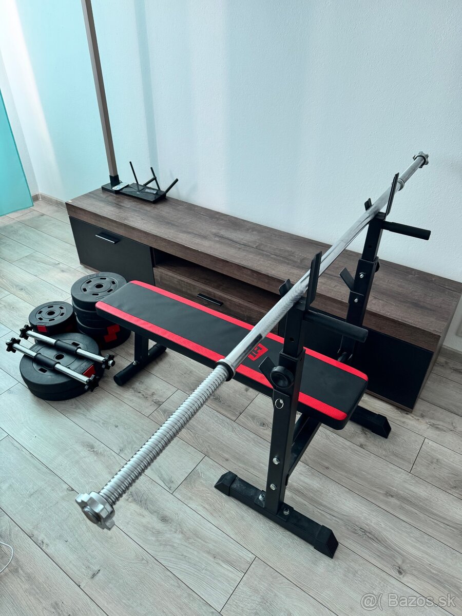 Lavica na cvičenie + tyč + kotúče 69kg + 2x jednoručky