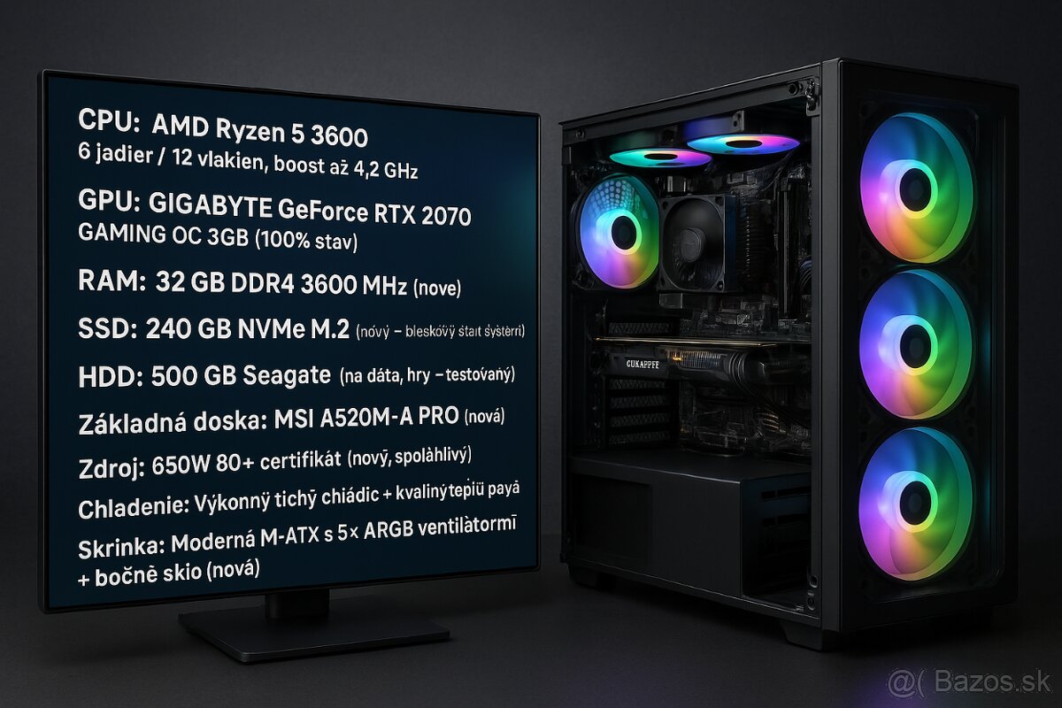 Výkonný herný PC – Ryzen 5 3600 + RTX 2070 8GB + 32GB RAM