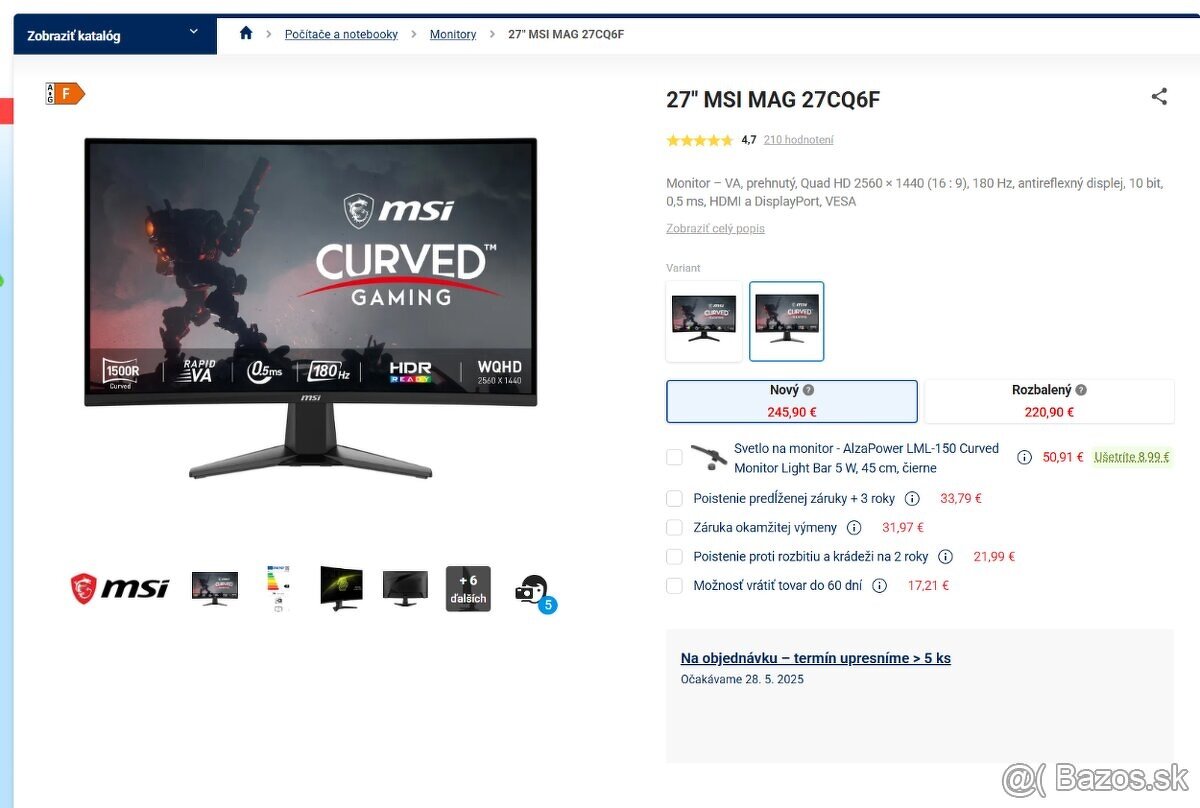 27" MSI MAG 27CQ6F 180 hz