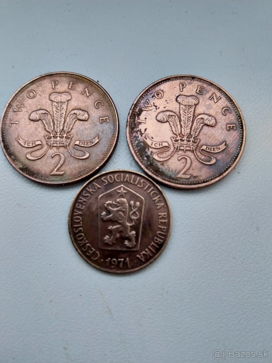 Predám 2× Anglické 2 pence,1× 50hal,a dva×1kcs