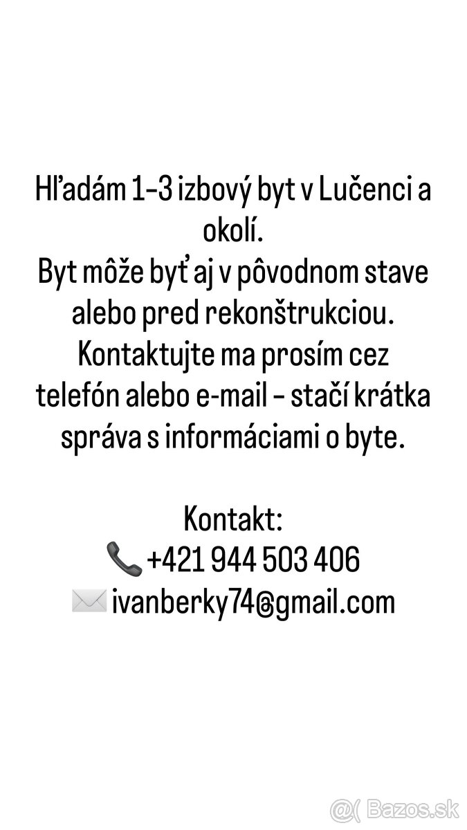 Hľadám 1–3 izbový byt – Lučenec a okolie