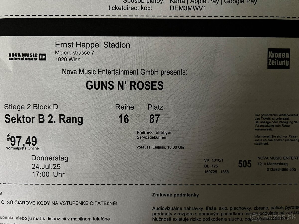 Guns N’ Roses 2ks listky