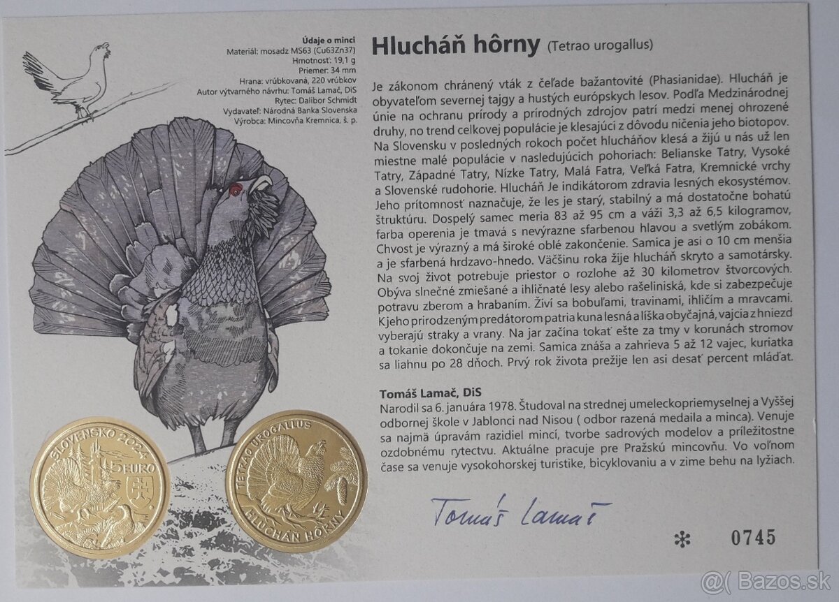 Autorská karta k 5€ minci fauna a flóra Hlucháň hôrny