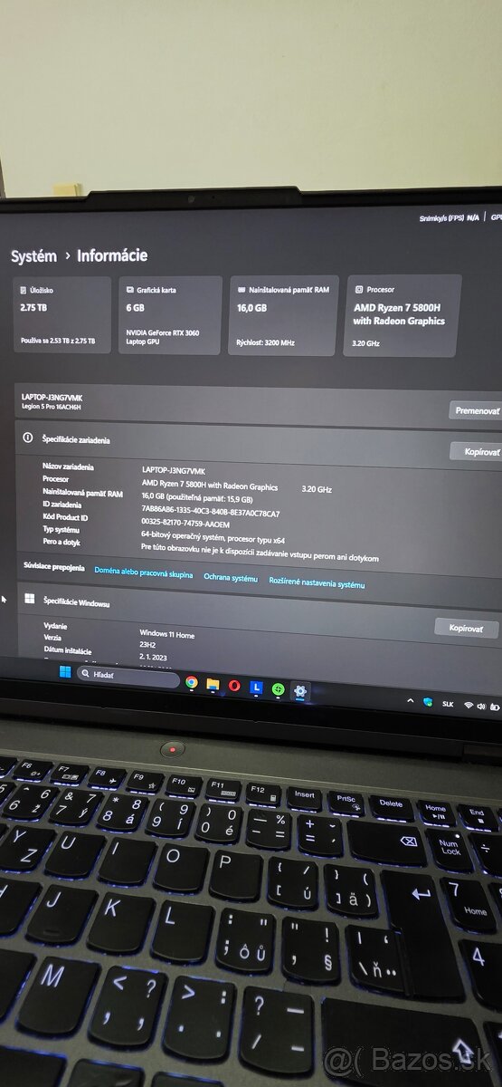 Predám obľúbené Lenovo legion 5 Pro s amd 5800 a rtx 3060