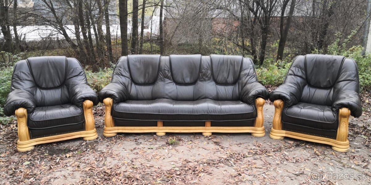 Kožená sedacia súprava 3+1+1 s masívnym dubivým drevom