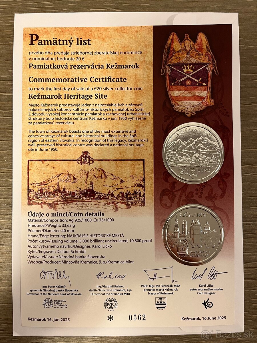 Pamätný list k 20€ Kežmarok