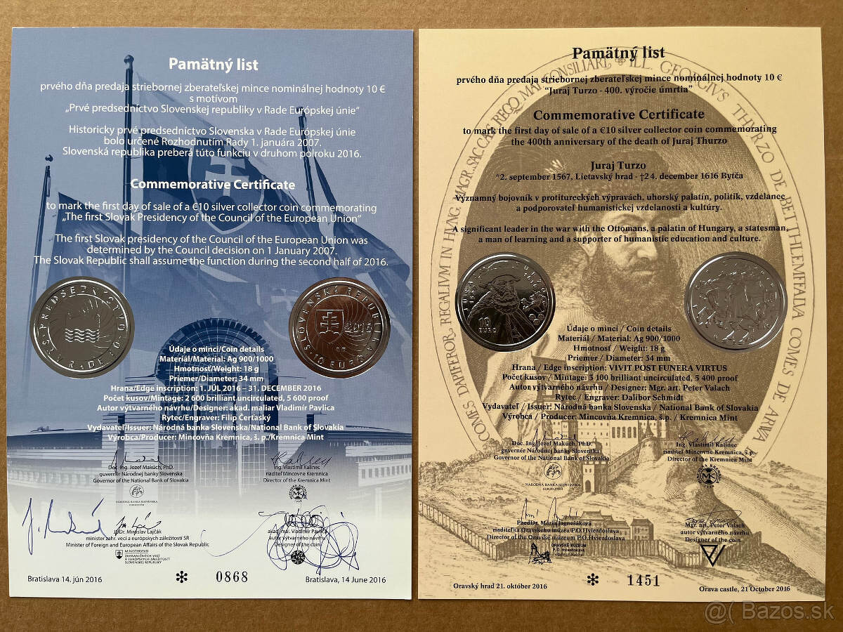 Predám pamätné listy k SK euro minciam