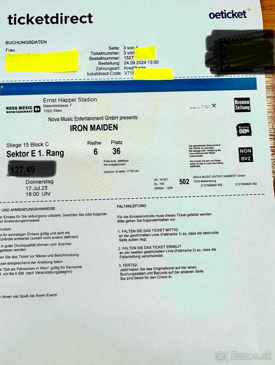 Predám 2 lístky na IRON MAIDEN vo Viedni 17.7.2025
