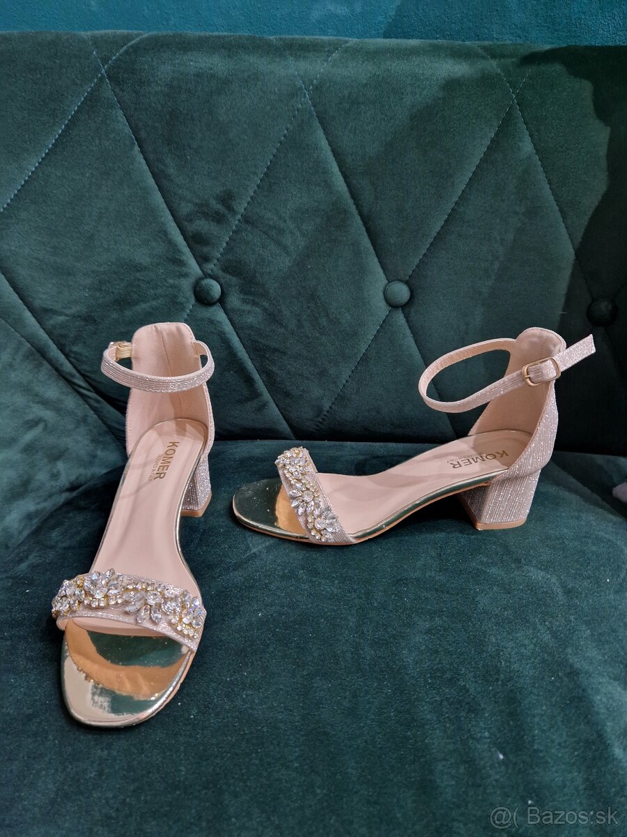 Luxusne svadobne trblietave zlate sandale s kamienkami 37