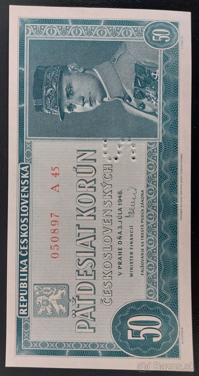 50 Korún ČSR rok 1948 PERFOROVANÁ S