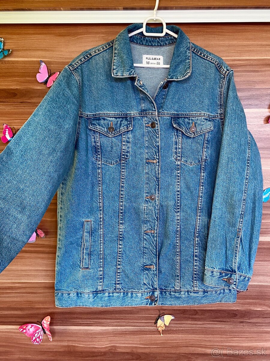Džínsová dlhšia bunda, pull & bear, M-L,