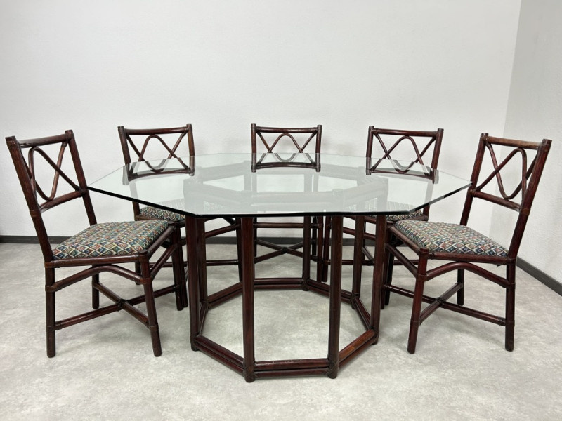 Dizajnový bambusový octagonal jedálenský stôl + 5ks stoličie