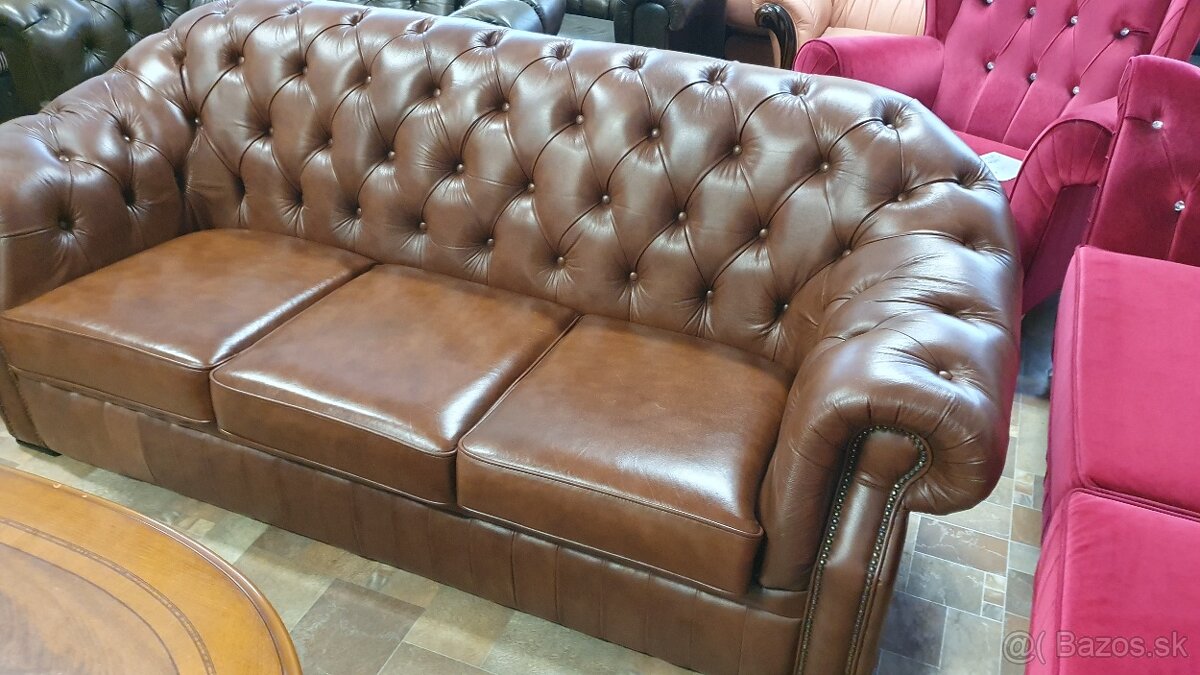 Chesterfield štýl,hnedá kožená 3+1