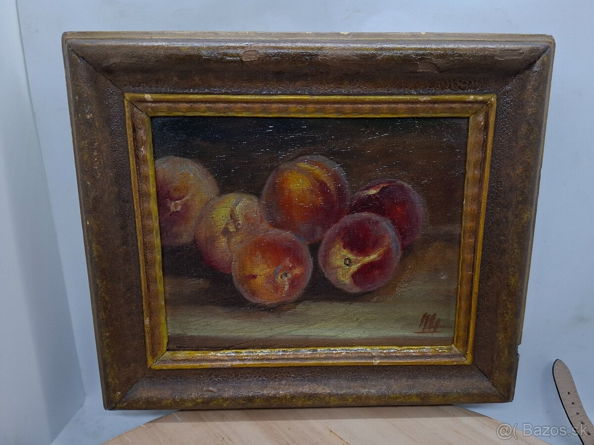 Predám starožitný obraz olej na dreve zátišie 28x24cm