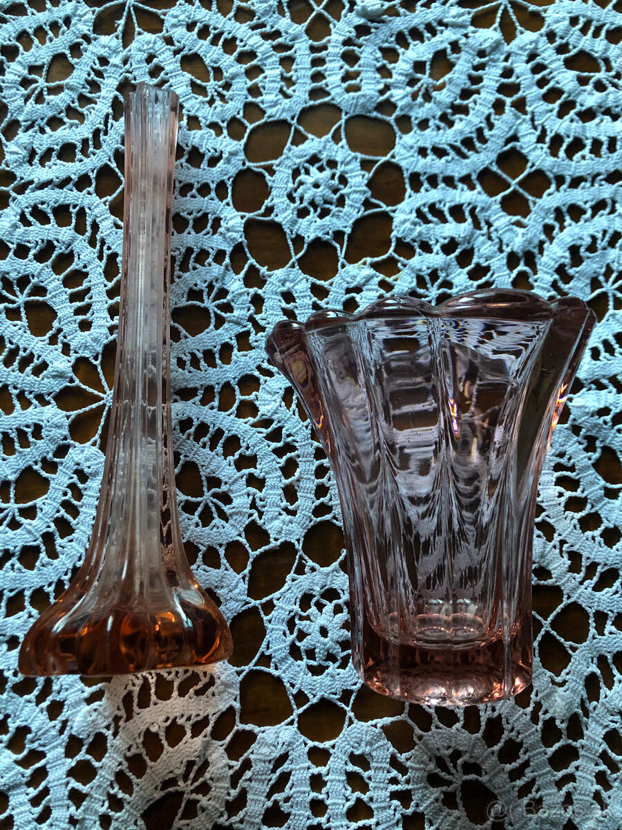 retro vázy a košík - ružové sklo