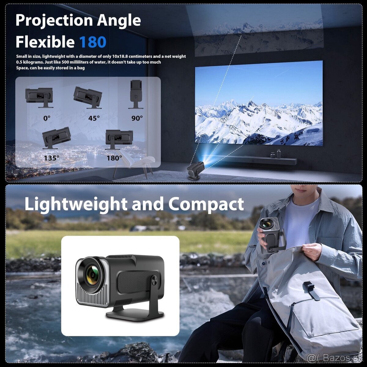 4k projektor android, Bluetooth, WiFi, obraz 150"+plátno