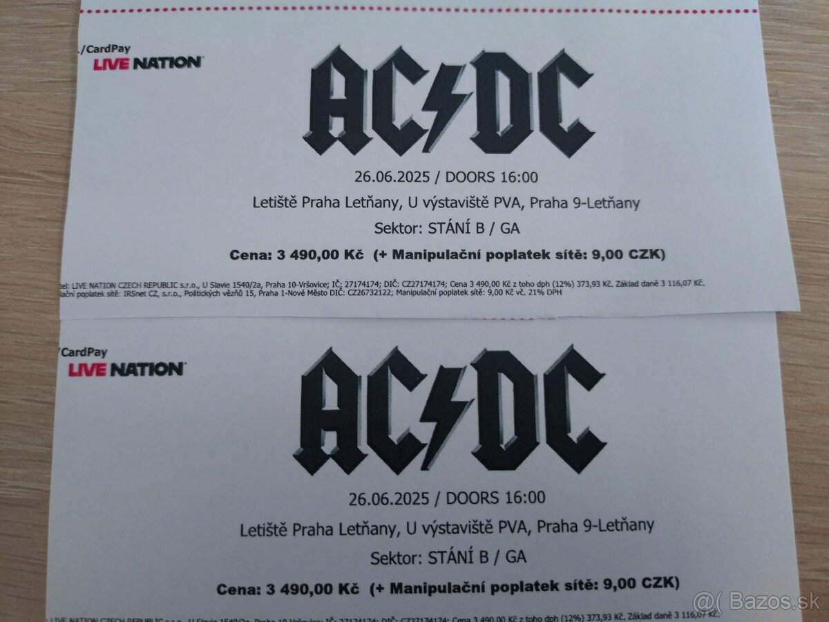 Predám 2 vstupenky na koncert AC/DC Praha