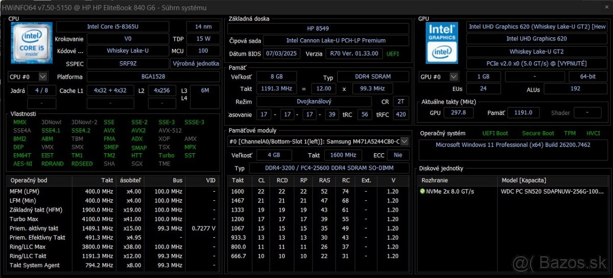 HP Elitebook /Intel Core i5-8365U/8GB RAM/FHD/256GB SSD - 10