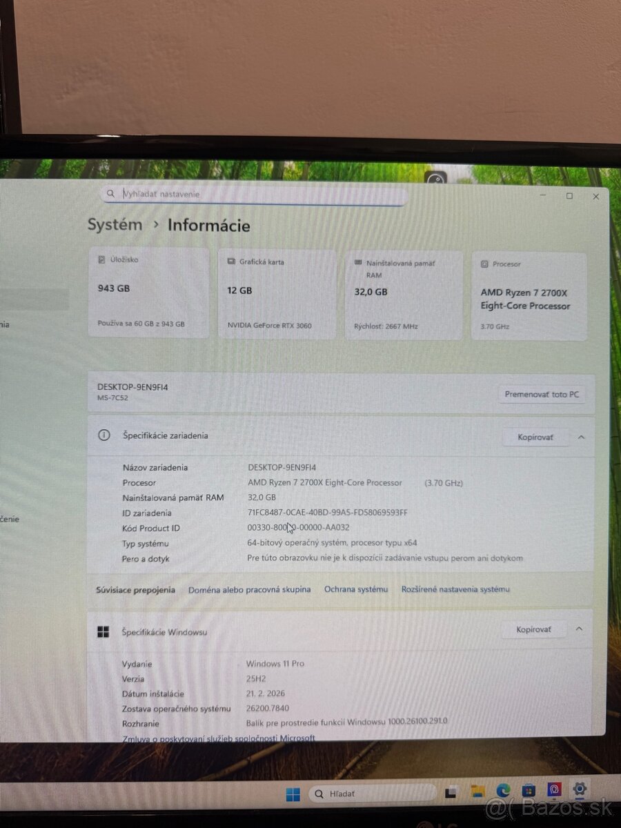 Herne pc rtx 3060 12GB, ryzen 7, 32GB Ram, 1TB ssd, Win 11 - 10