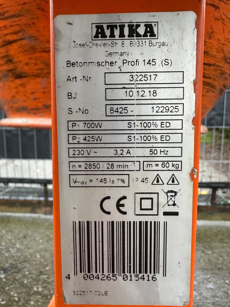 Miešačka betónu Atika 145 S, ako nová, 150 l, výhodná ponuka - 10