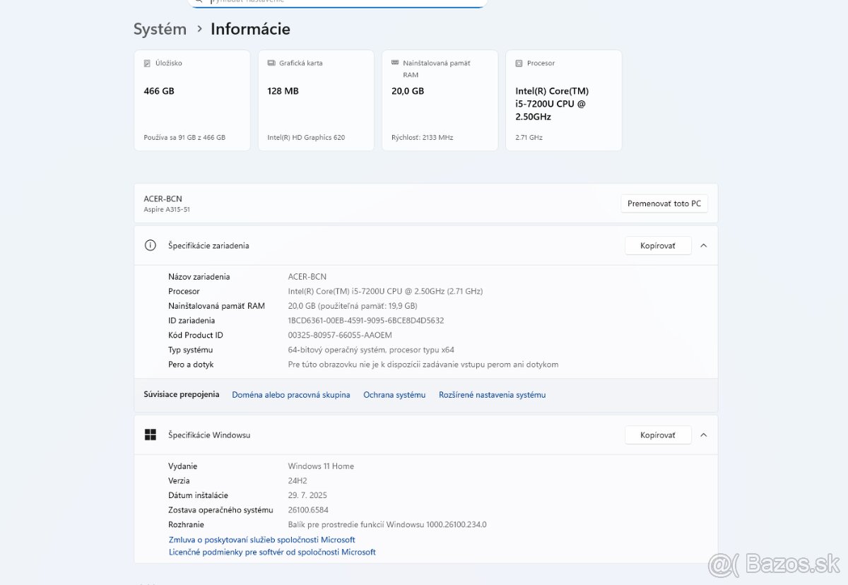 Acer Aspire A315-51, I5-7200U 3,1Ghz, 20GB Ram , 500GB SSD - 10