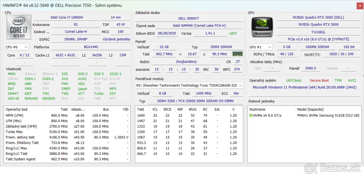 Dell Presicion 7550 -15,6/ i7/32GB/512GB/NV RTX3000/W11 - 10