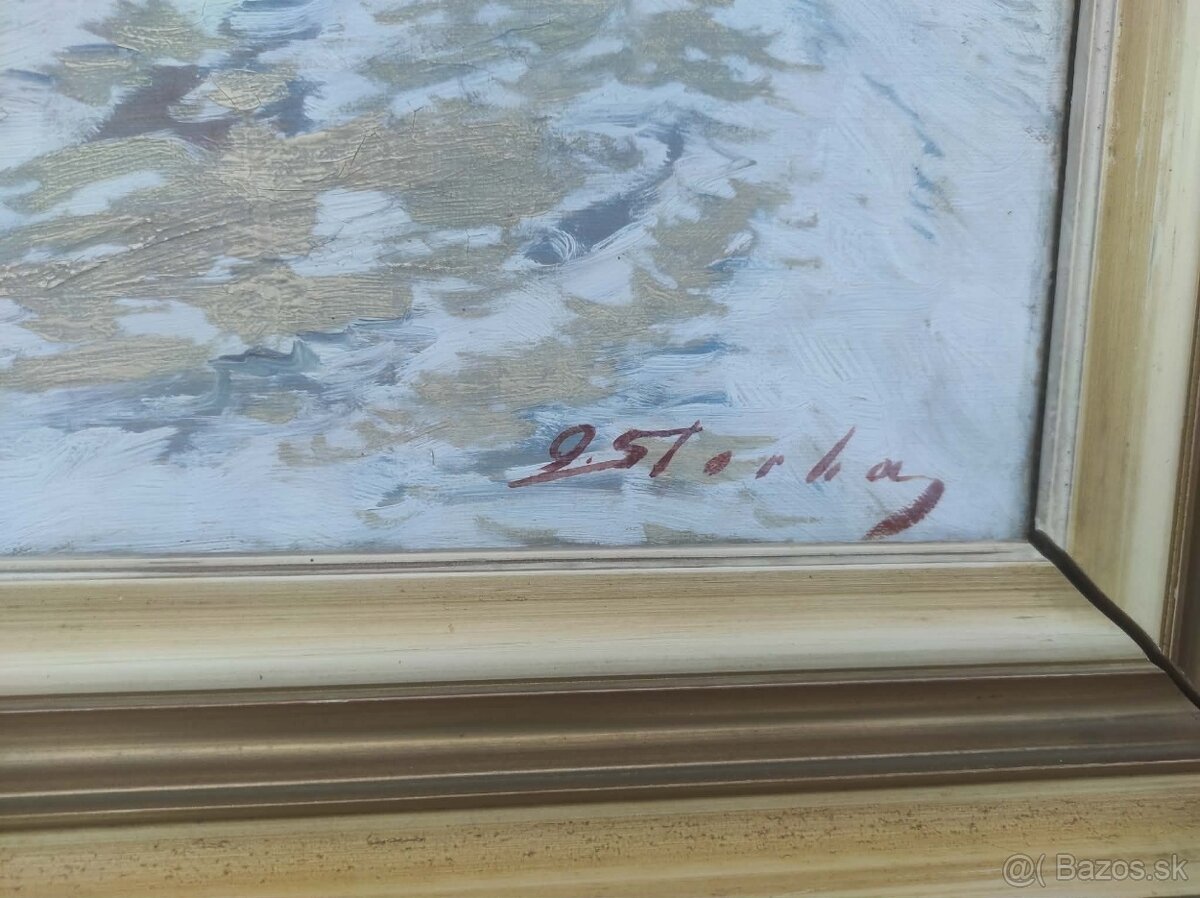 olejomalba , obraz- chalupky v zime. - 10