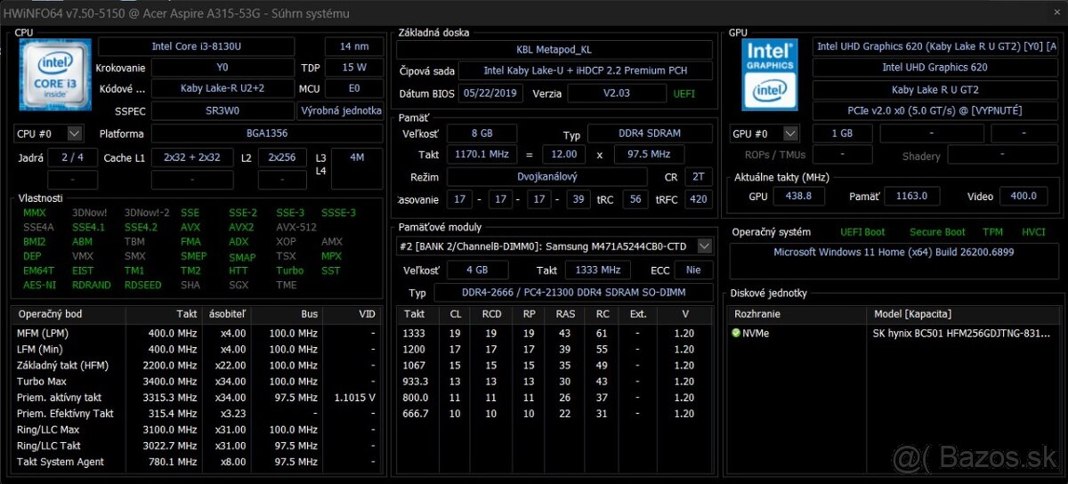 Acer Aspire 3 A315-53G /i3-8130U/8GB RAM/FHD/256GB SSD/MX130 - 10