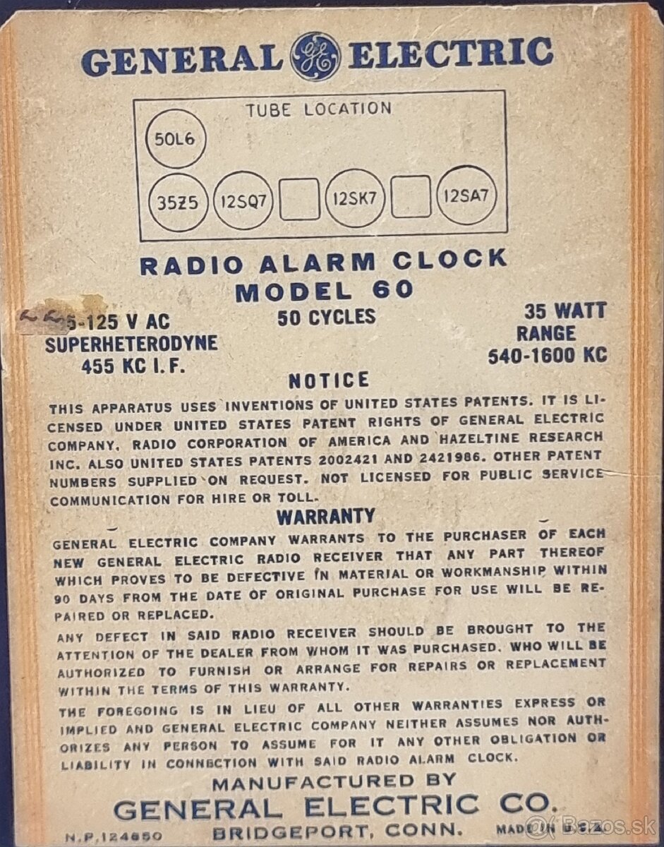 GENERAL ELECTRIC 》 MODEL 60 》5 Tube Radio + Electric Clock - 10