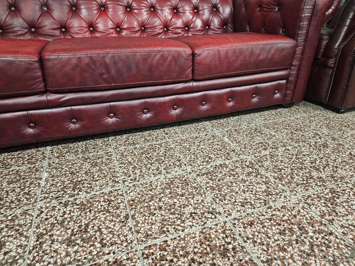 CHESTERFIELD ŠTÝL,BORDOVOČERVENÁ KOŽENÁ SEDAČKA 3+1+1 - 10