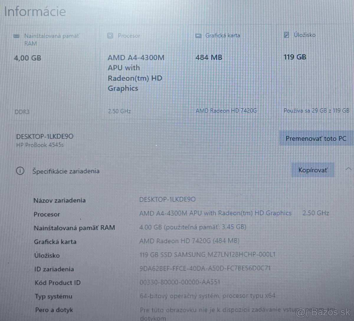 HP ProBook 4545s / AMD A4 / 4GB RAM / 128GB SSD / 15.6" - 10