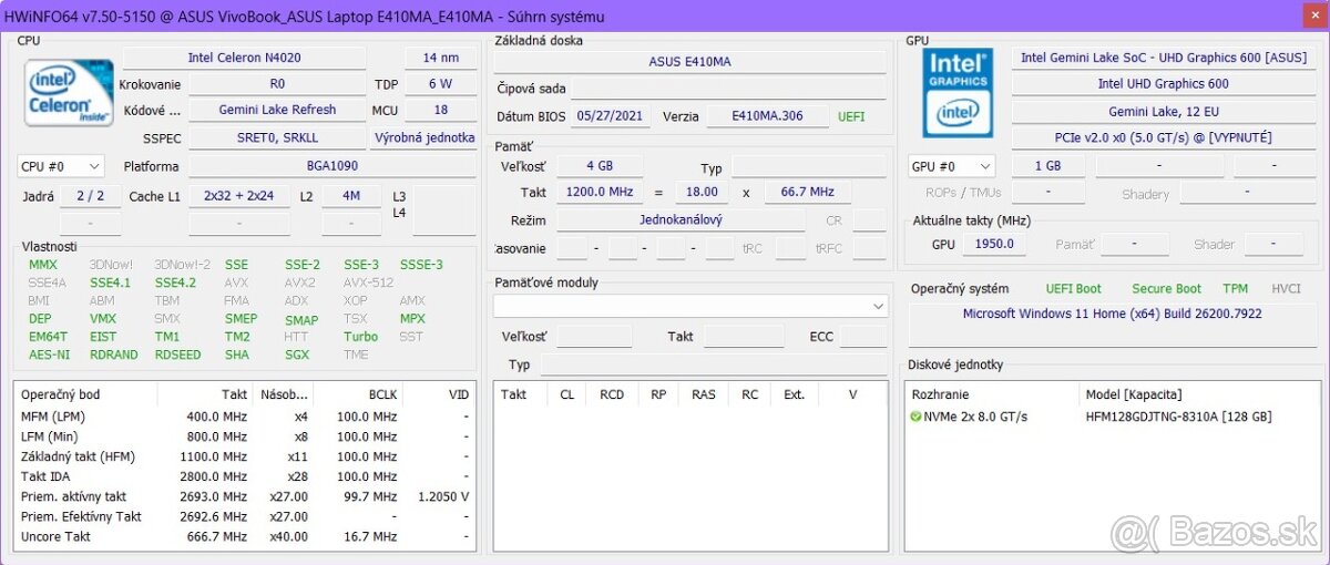 Asus E410MA/Celeron N4020/4GB RAM/FHD/128GB SSD/Nova bateria - 10