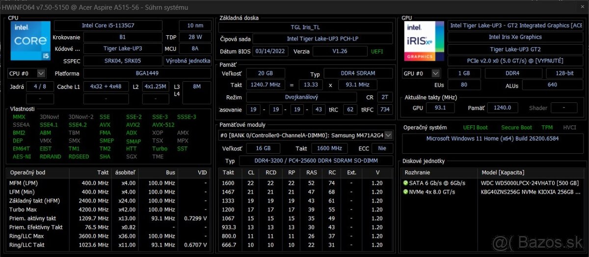 Acer Aspire A5 /Core i5-1135G7/20GB RAM/FHD/SSD+HDD/Bat ok - 10