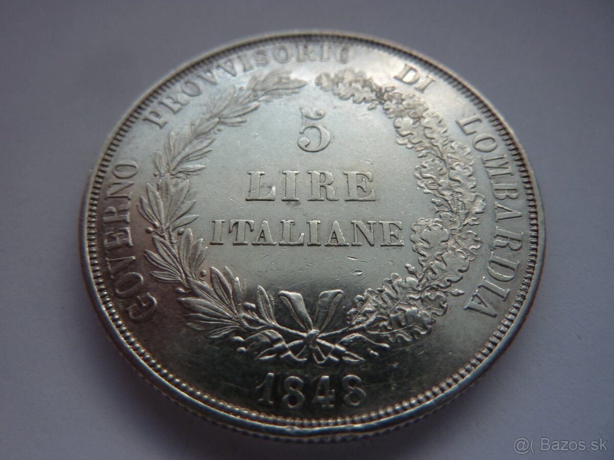 Vzácnejšia strieborná 5 Lire 1848 M - revolučná - 10