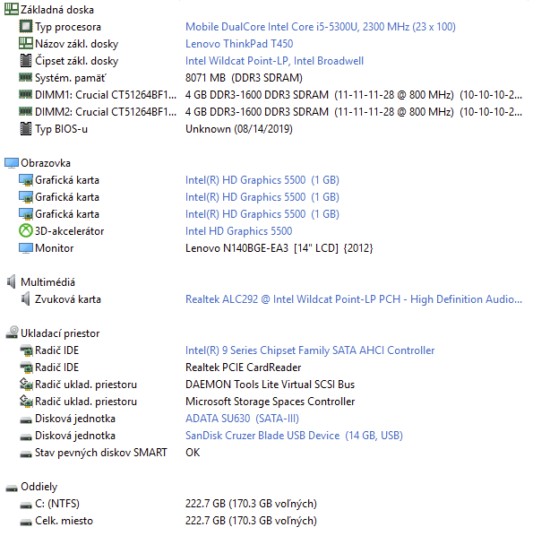 Notebook Lenovo ThinkPad T450 - 14.1" / i5 5300u / 8GB RAM - 10